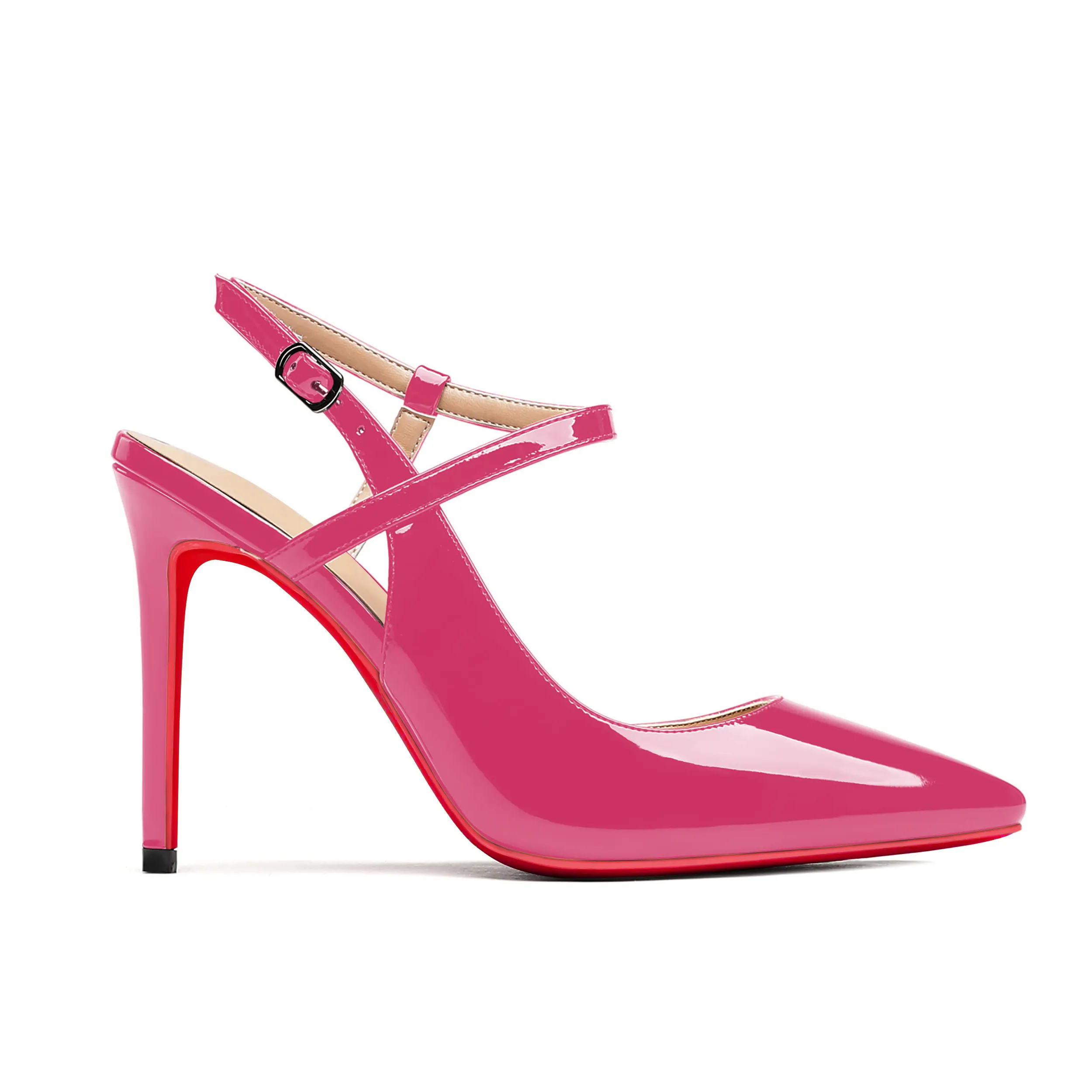 100mm Women Slingback Pumps Ankle Strap Jenlove Stiletto Mid Heel Close Pointed Toe Dress Red Soles-vocosishoes