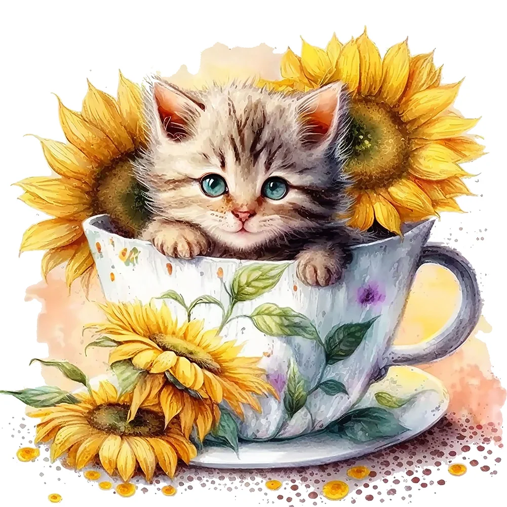Diamond Painting - Full Square Drill - Cup Sunflower Cat(Canvas|35*35cm)