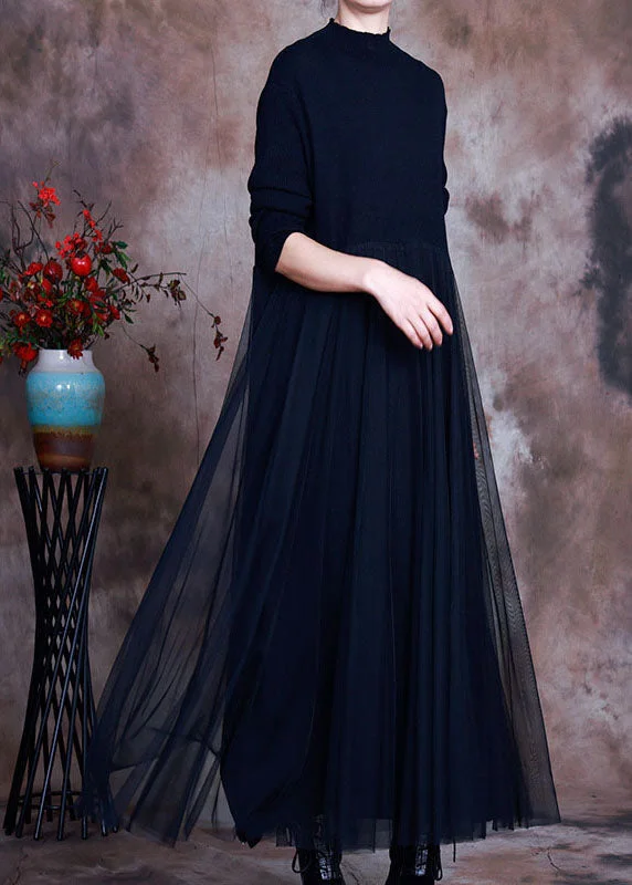 Elegant Black tulle Patchwork Knit Dress