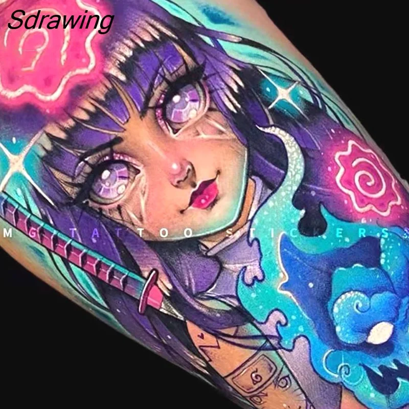 Sdrawing Temporary Tattoo Sticker Anime Cartoon Cute Pink Hair Girl Flower Necklace Fake Tatto Flash Tatoo Art for Women Men