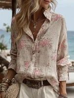 Women's Roses Print Crew Neck Linen Blend Shirt
