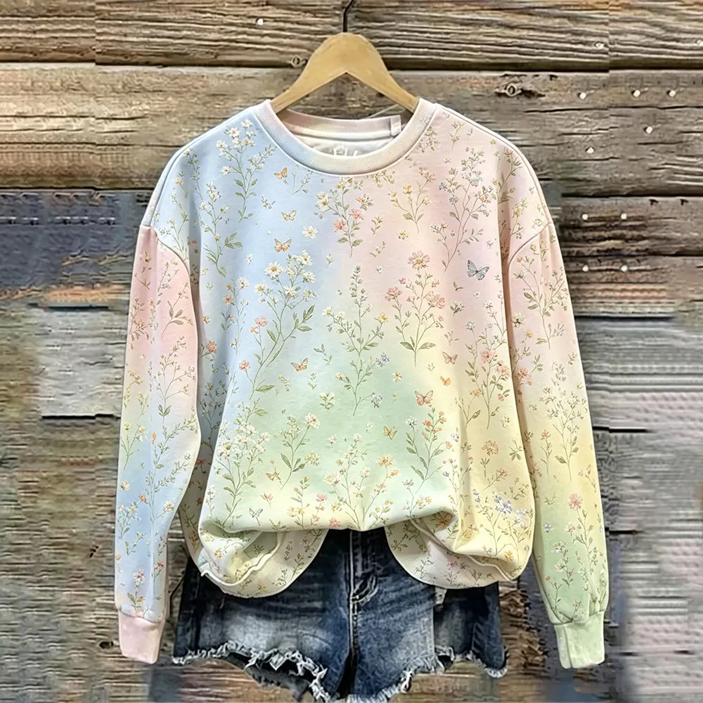 Comstylish Women's Vintage Pink Floral And Small Butterfly Art Crewneck Sweatshirt