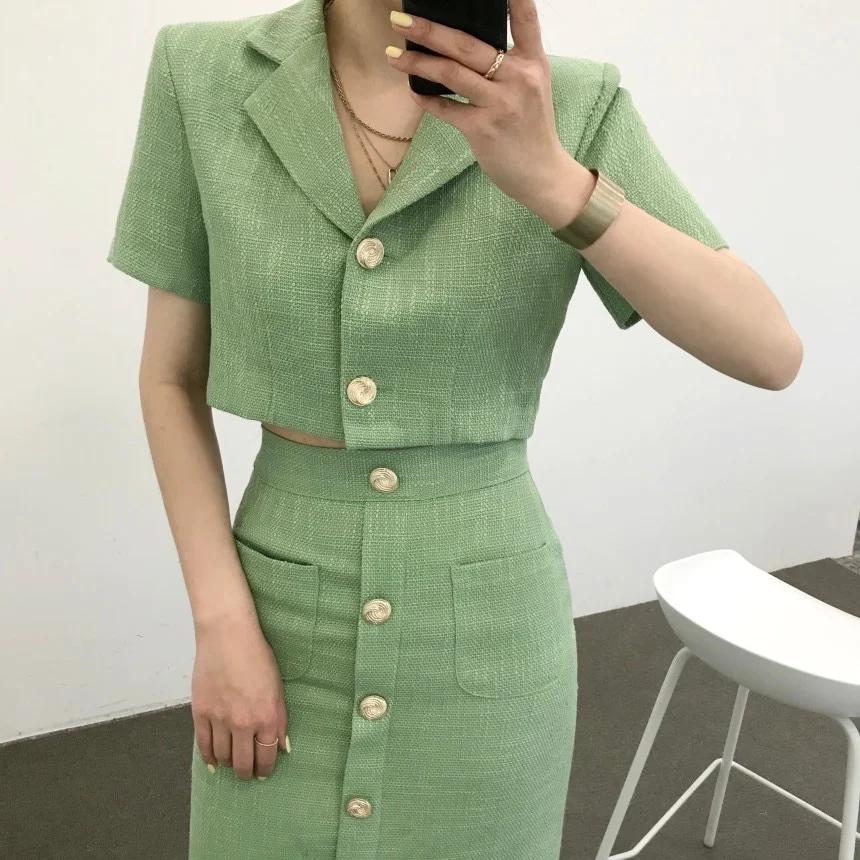 Toloer Toloer Korea Elegant Lapel Thin Tweed Small Suit Short Jacket + High Waist Chic Button Slim Womens Two Piece Skirt Sets Summer 1127-0-Outfit Ideas