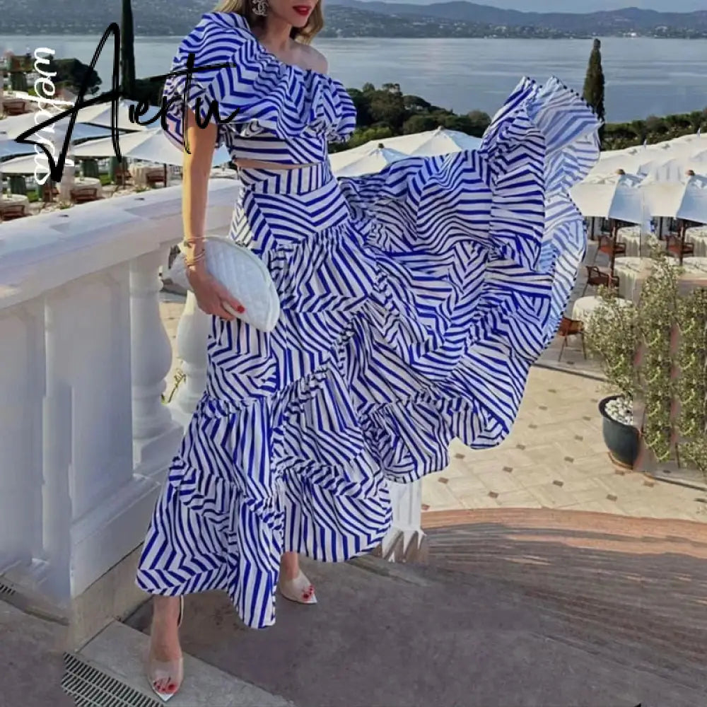 Women Two Piece Set Summer Casual Chic Short Sleeve Off Shoulder Nipped Waist Top Striped Printed Loose Skirt Sets Aiertu