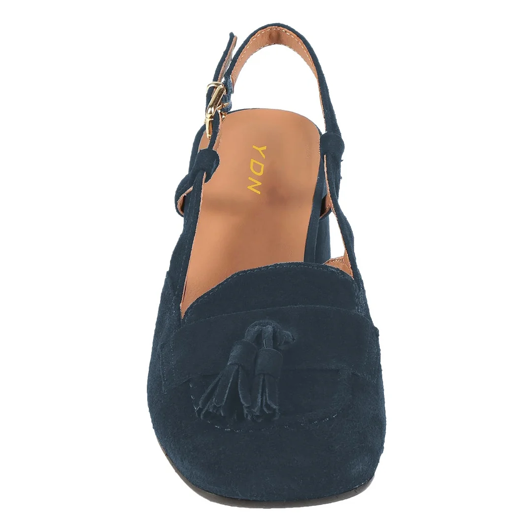Vegan Suede Square Toe Buckle Tassel Slingback Women's Loafers in Navy