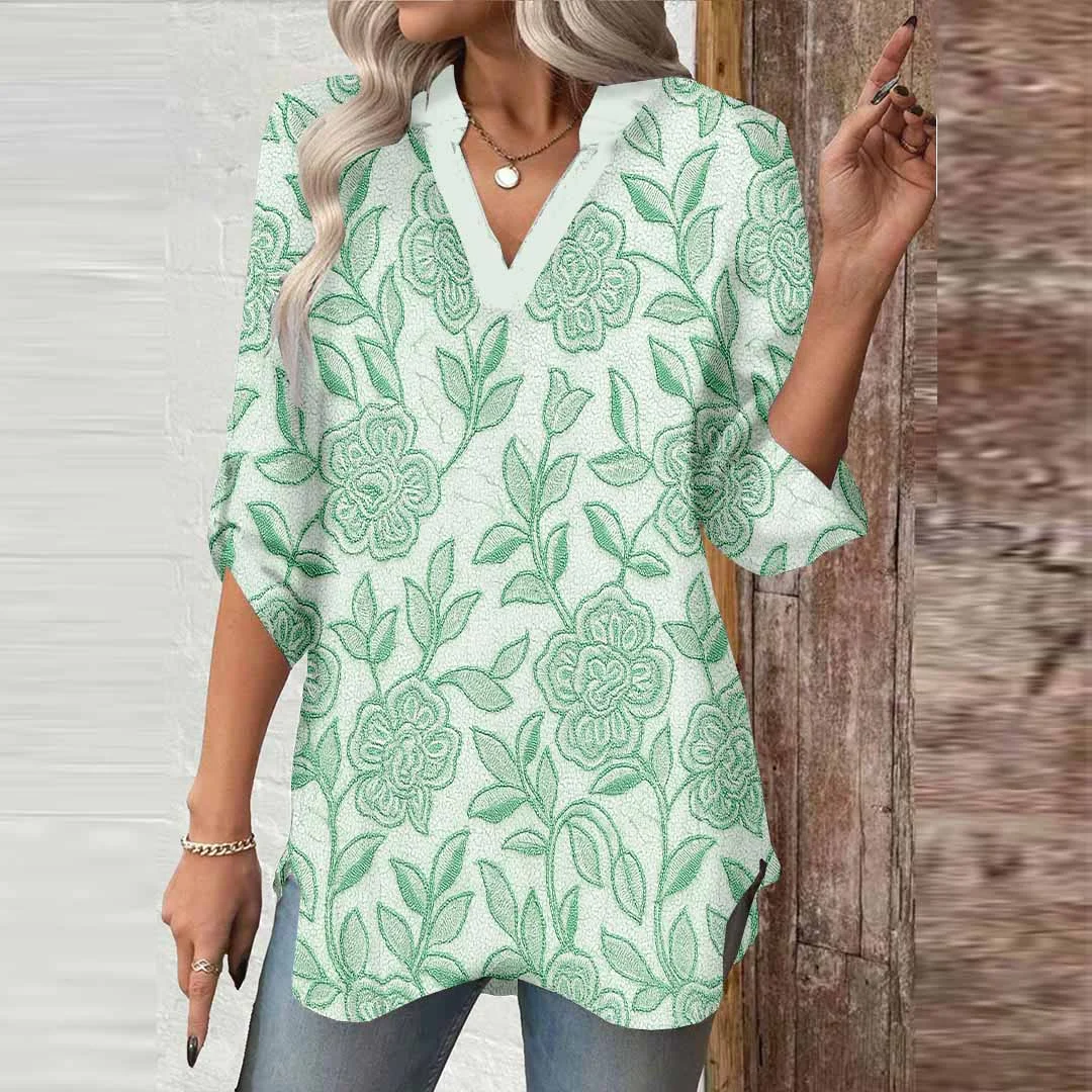 Women Floral Color, Green DZGA0497 3/4 Sleeve V-neck Printed Graphic Button Tops