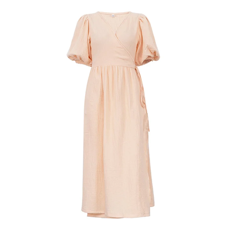 Ueong Ueong Women's Summer New V-Neck Short-Sleeve Tie Dress French Commuter Solid Color Dress