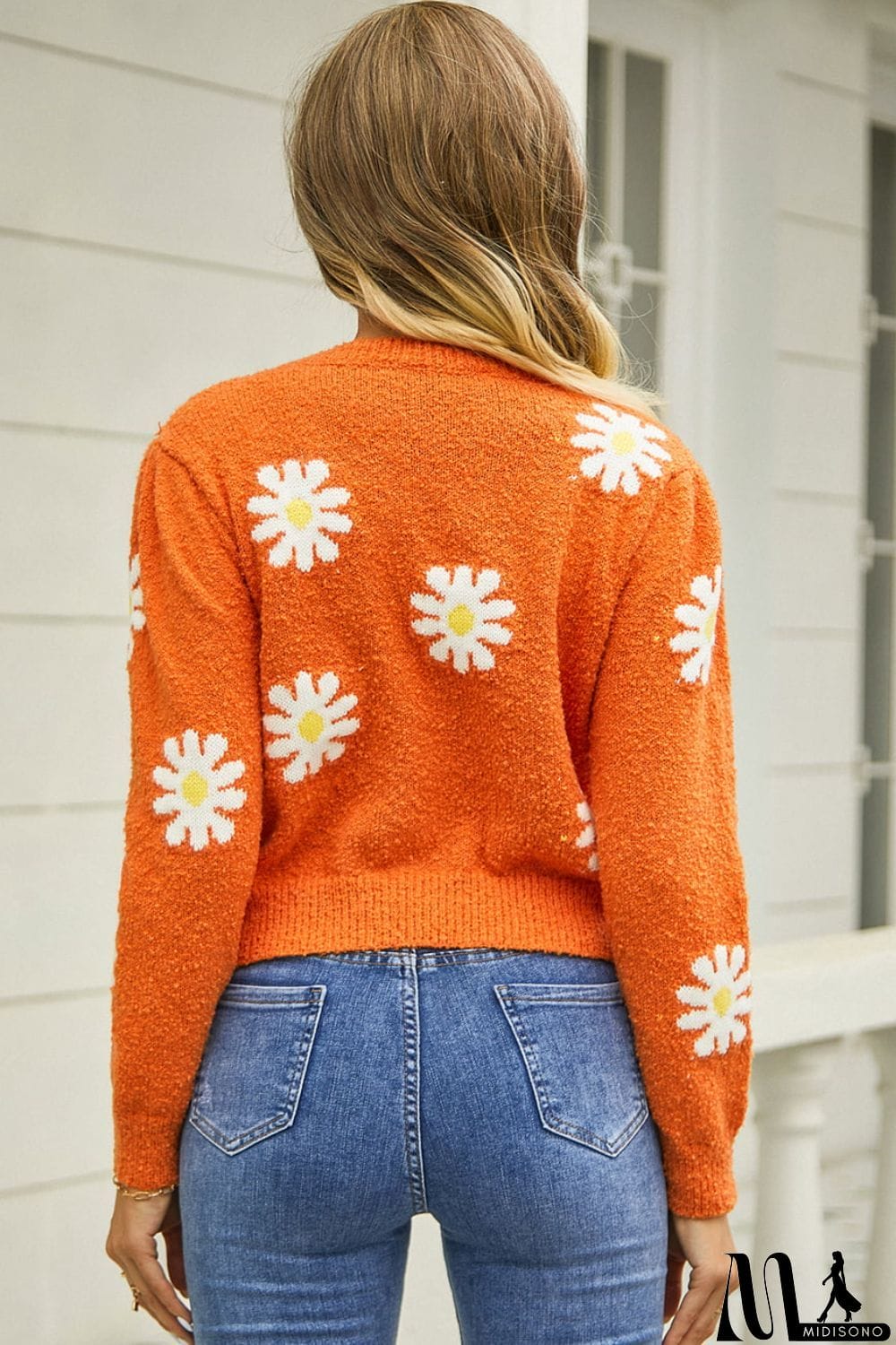 MidiSono - Flower Pattern Round Neck Short Sleeve Pullover Sweater