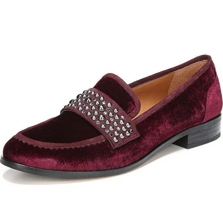 Burgundy Velvet Rhinestone Low Block Heel Loafers for Women |FSJ Shoes