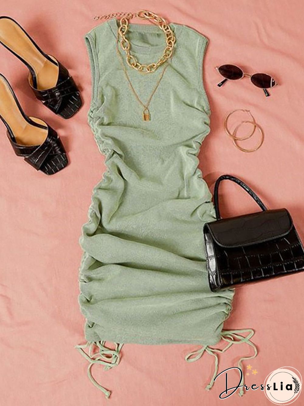 FANTOYE Cotton Ruched Drawstring Sexy Party Dress Women Sleeveless Elastic Mini Dress Vintage Summer Bodycon Club Wear Vestidos