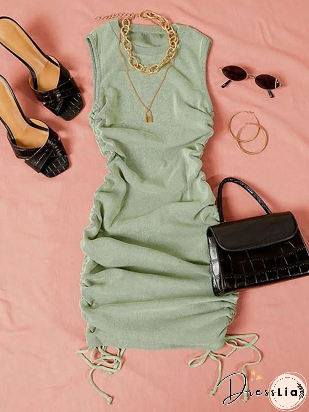 FANTOYE Cotton Ruched Drawstring Sexy Party Dress Women Sleeveless Elastic Mini Dress Vintage Summer Bodycon Club Wear Vestidos