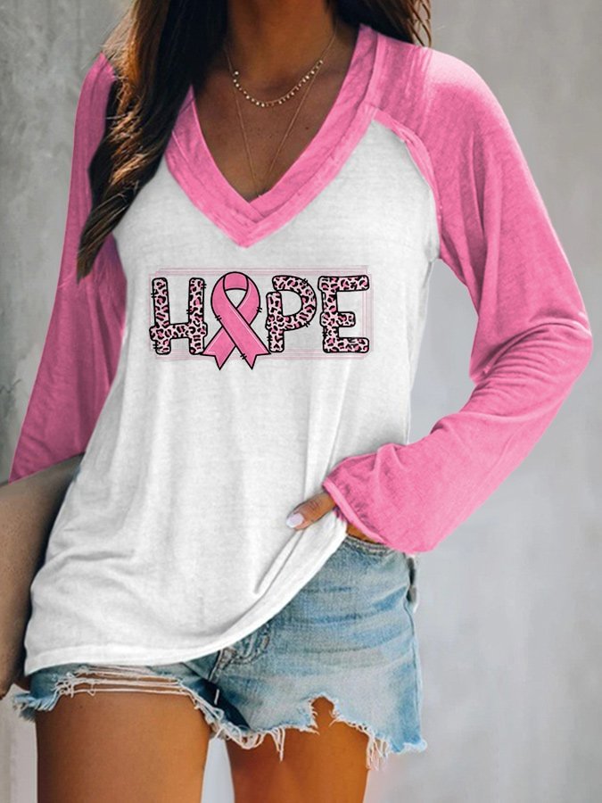 Pink Breast Cancer Awareness Print Long Sleeve V-Neck T-Shirt