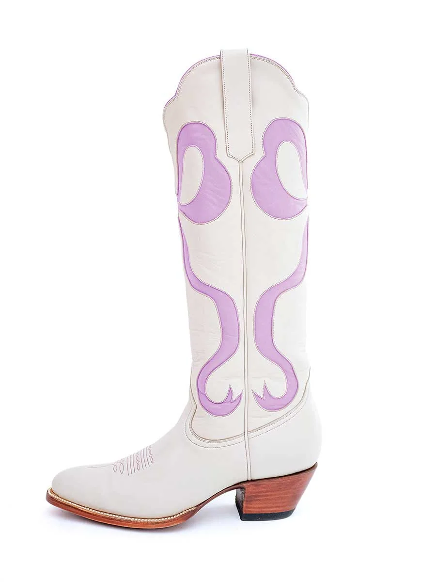 Elegant White Chunky Heel Lavender Bow Inlay Cowboy Boots for Women