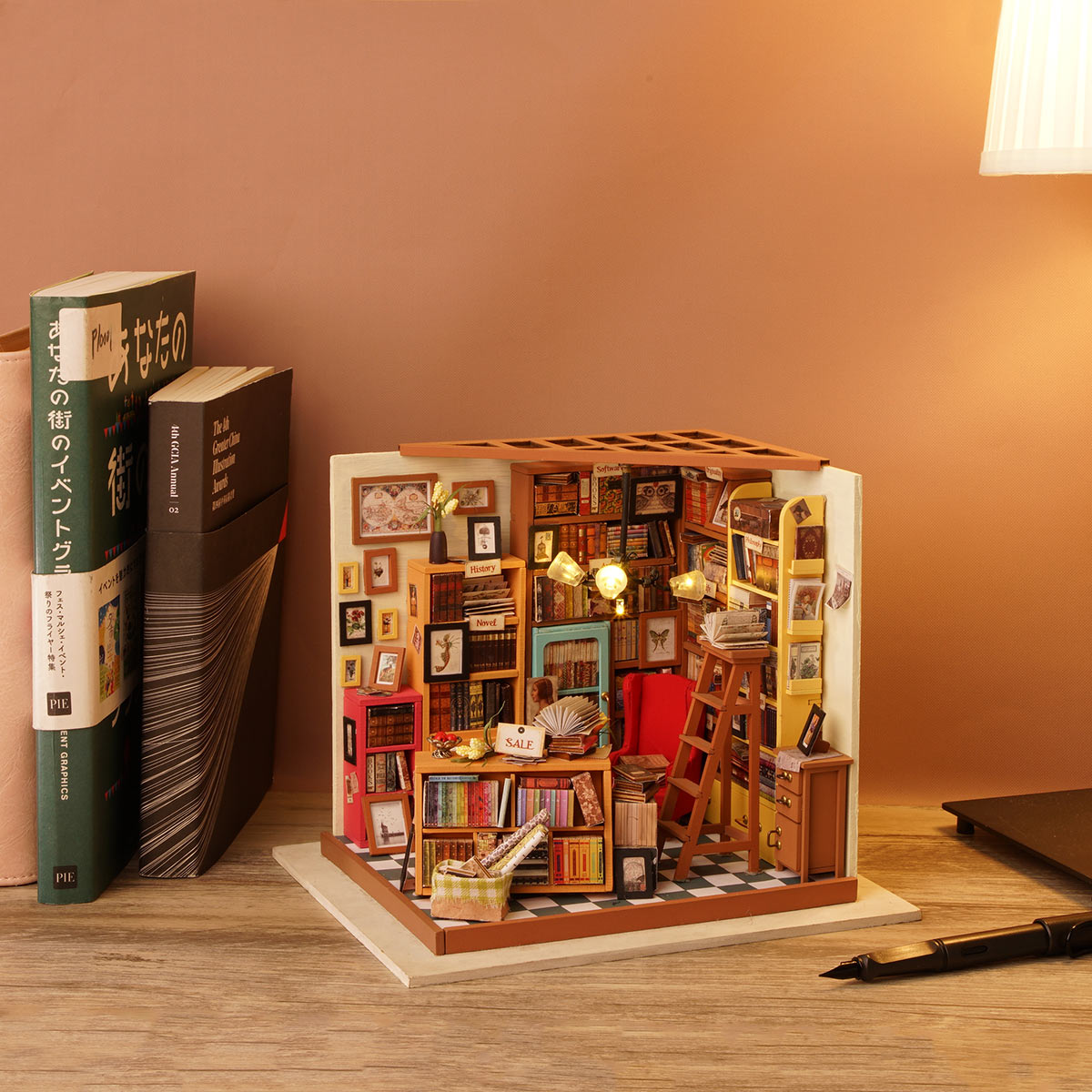 Robotime 3D DIY Dollhouse Home Miniature Library Sam's Study Books