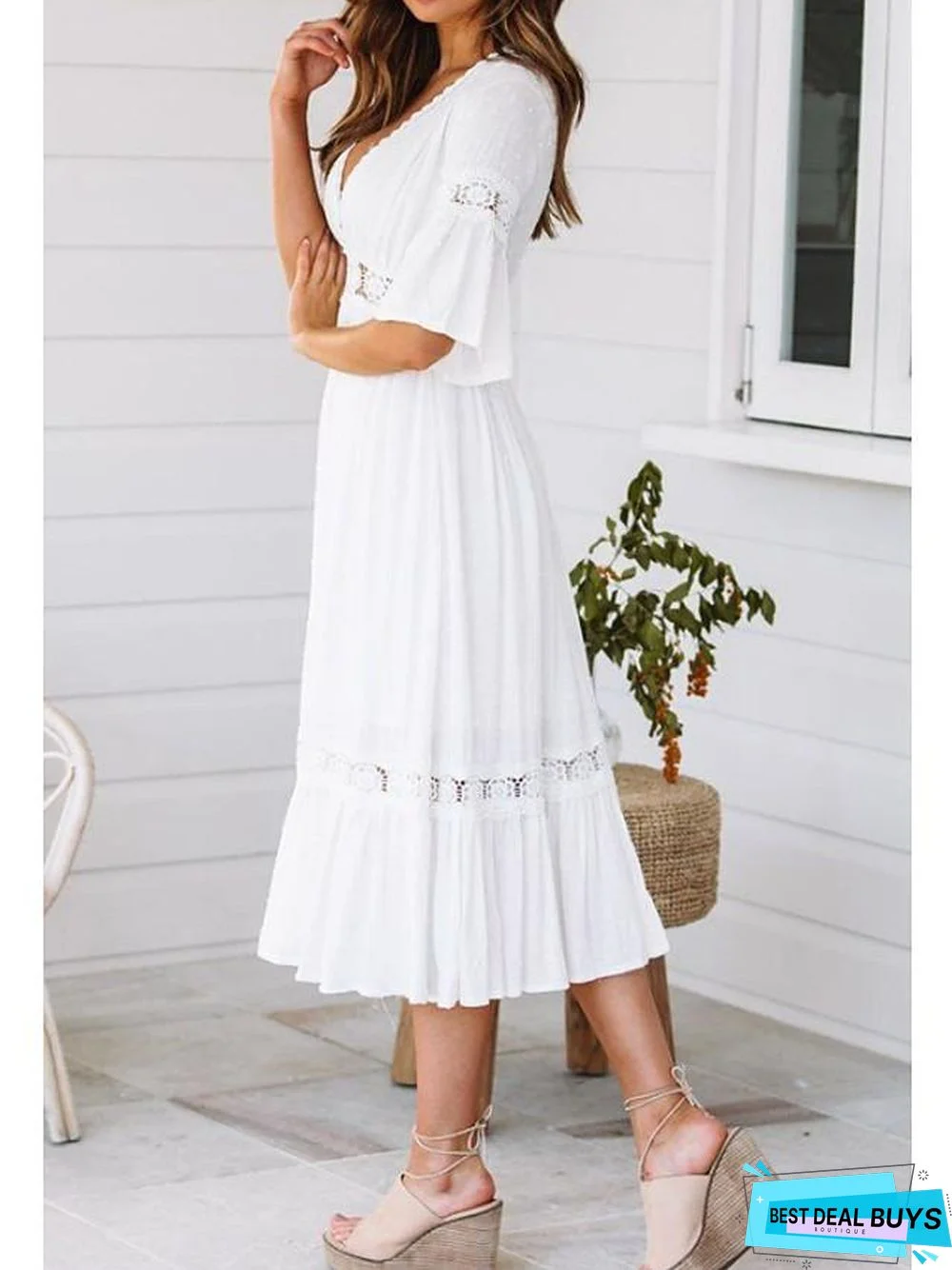 Women's Swing Dress Midi Dress - Half Sleeve Solid Colored Summer Spring & Summer V Neck Hot Beach Vacation Dresses Flare Cuff Sleeve White / Sexy White Dresses