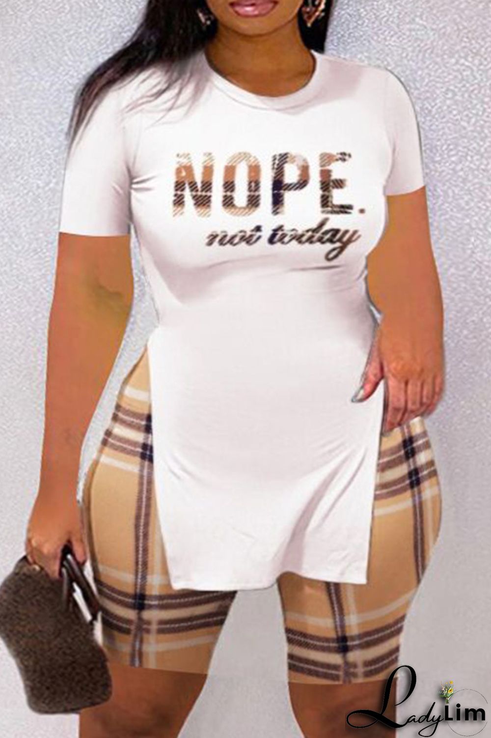 Yellow Fashion Casual Letter Print Slit O Neck Plus Size Two Pieces