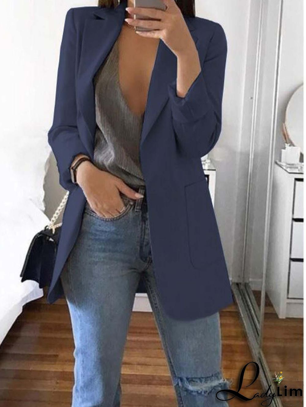 Laper Collar Double Button Pocket Side Pea Coat