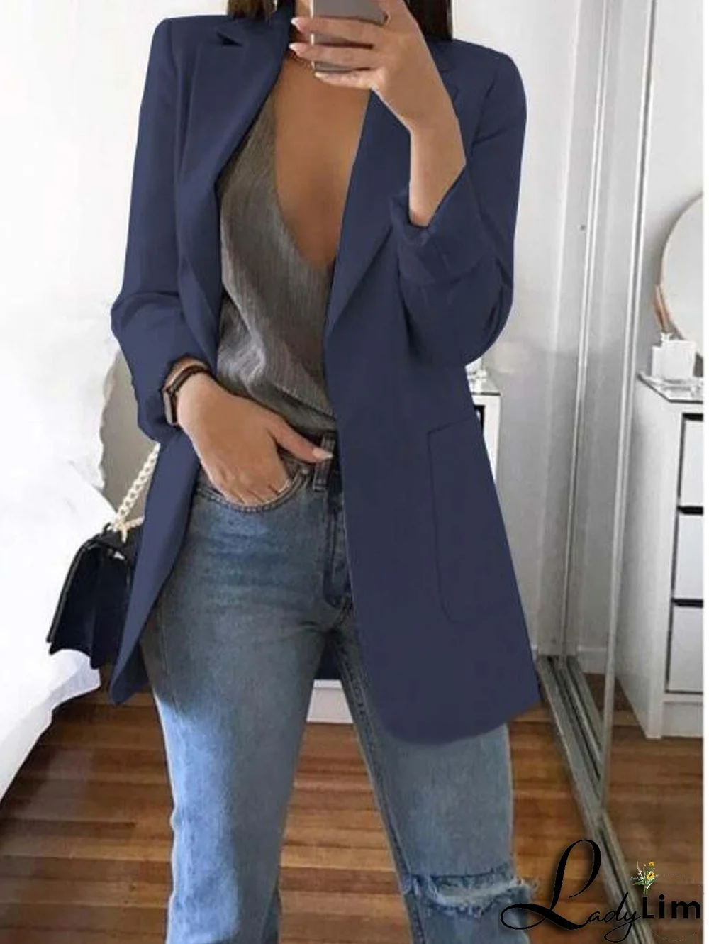 Laper Collar Double Button Pocket Side Pea Coat