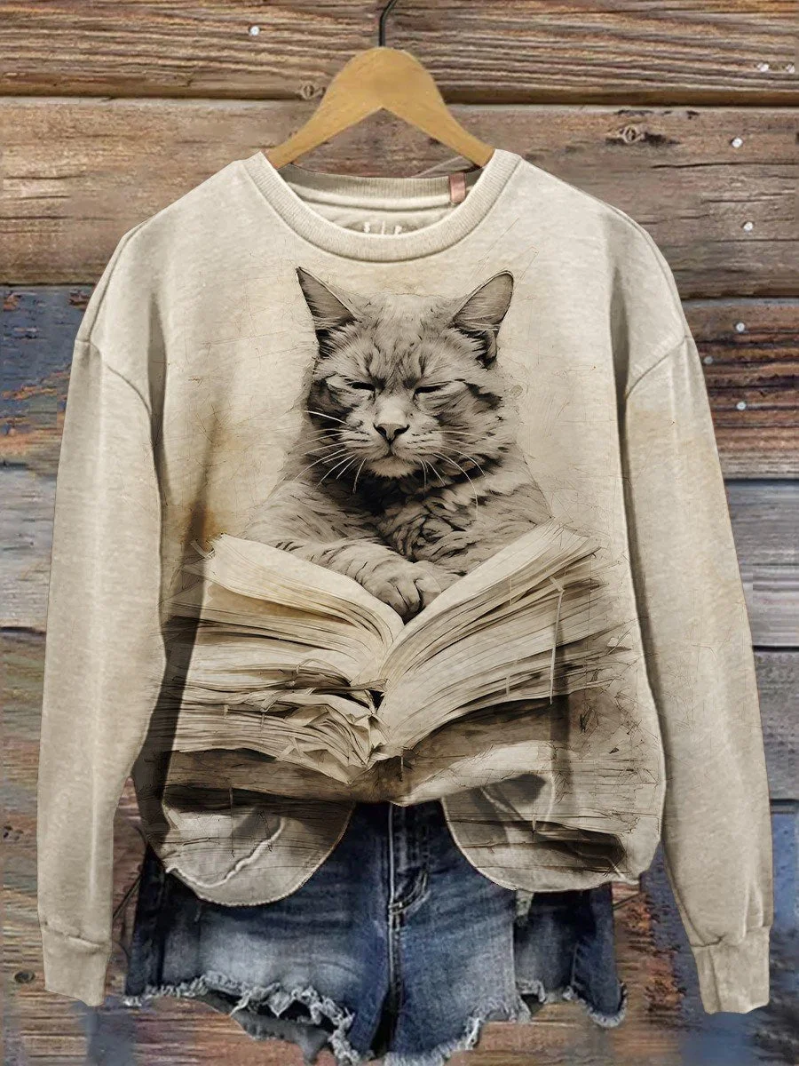 Cat Reading A Book And Meditating Vintage Style Animal Art Casual Sweatshirt