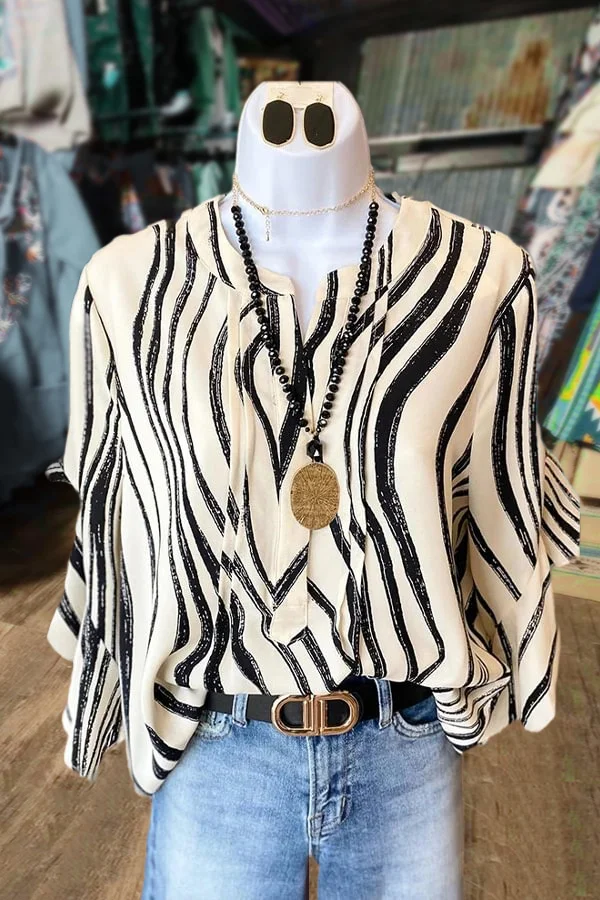 Striped Print Ruffle Sleeve Loose Top