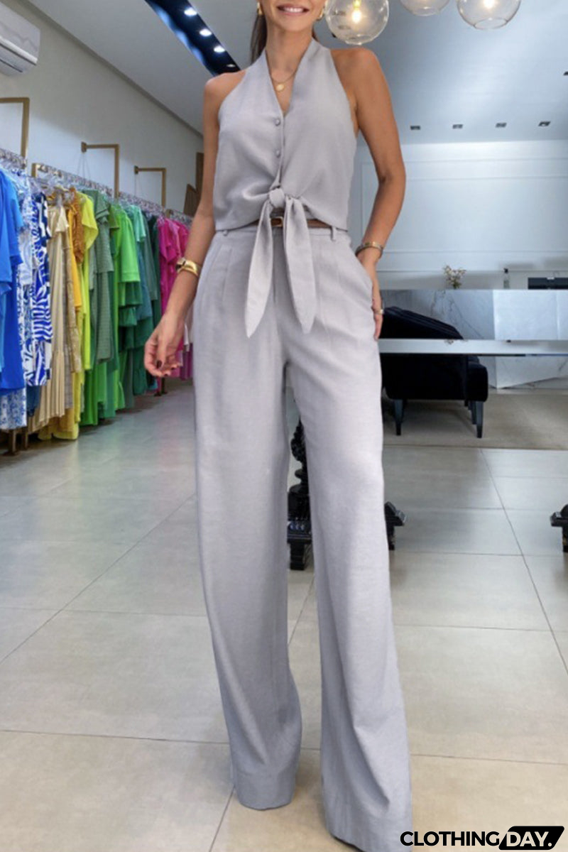 Casual British Style Solid Pocket Frenulum V Neck Sleeveless Two Pieces