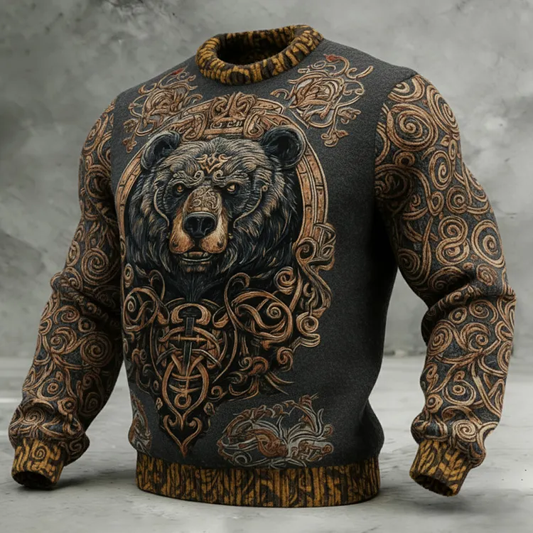 Men's Celtic Bear And Celtic Knot Crew Neck Knit Sweater