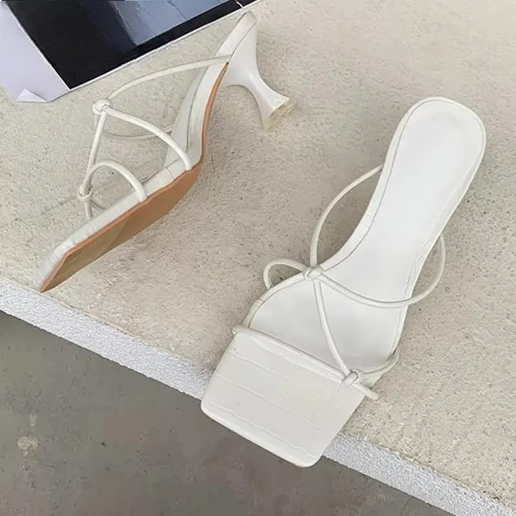 Summer Gold Slipper Low Heel Slides Peep Toe Sandal with Square Heel