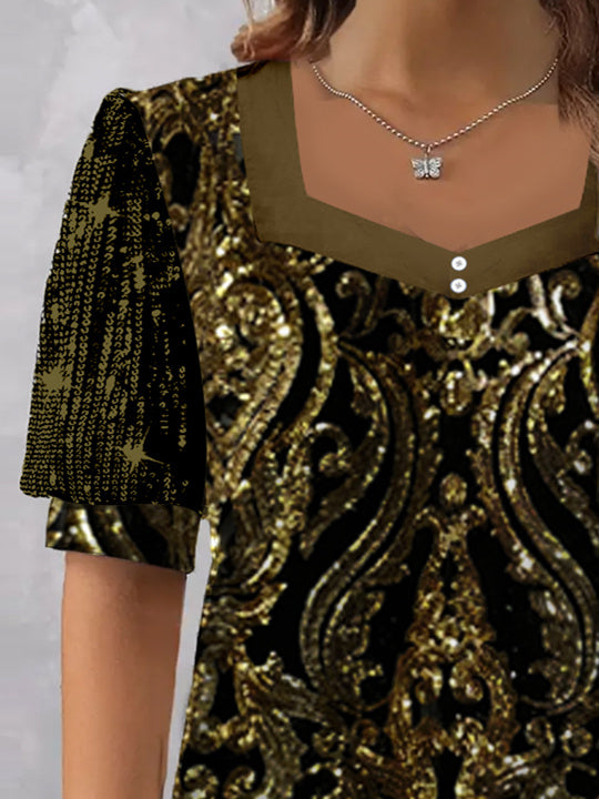 Women's Short Sleeve V-neck Graphic Printed Sequins Stitching Top