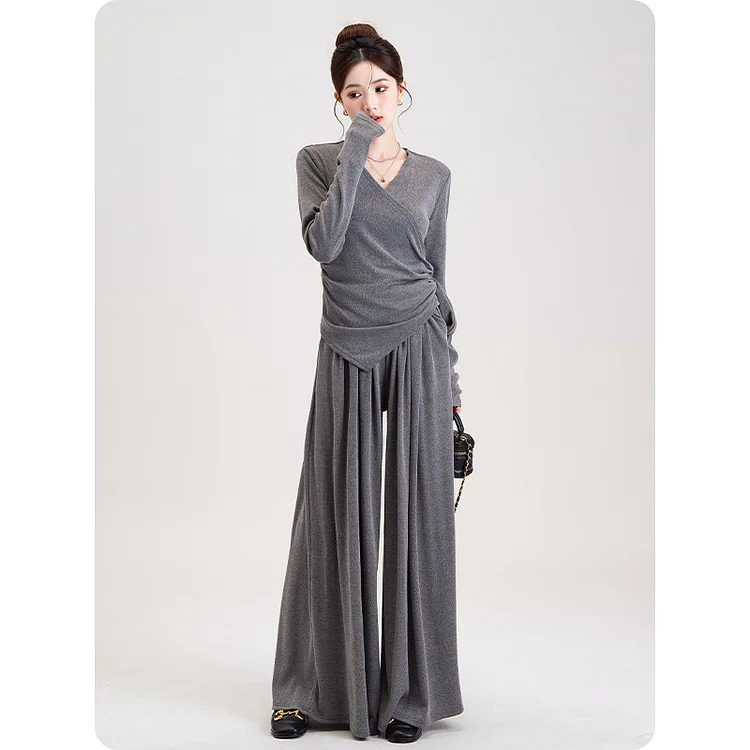 2024 early autumn new fashion outfit Women's elegant V-neck irregular design slim top high waist wide leg pants