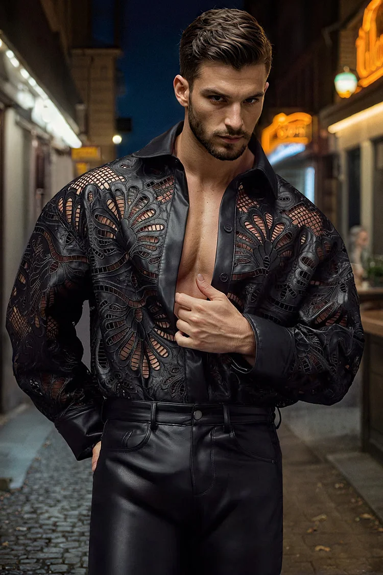 Men's Lace See Through Long Sleeve Button Up Black Shirt 