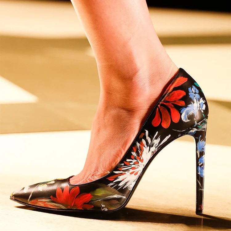 Black Floral Pointy Toe Stiletto Heel Pumps Vdcoo