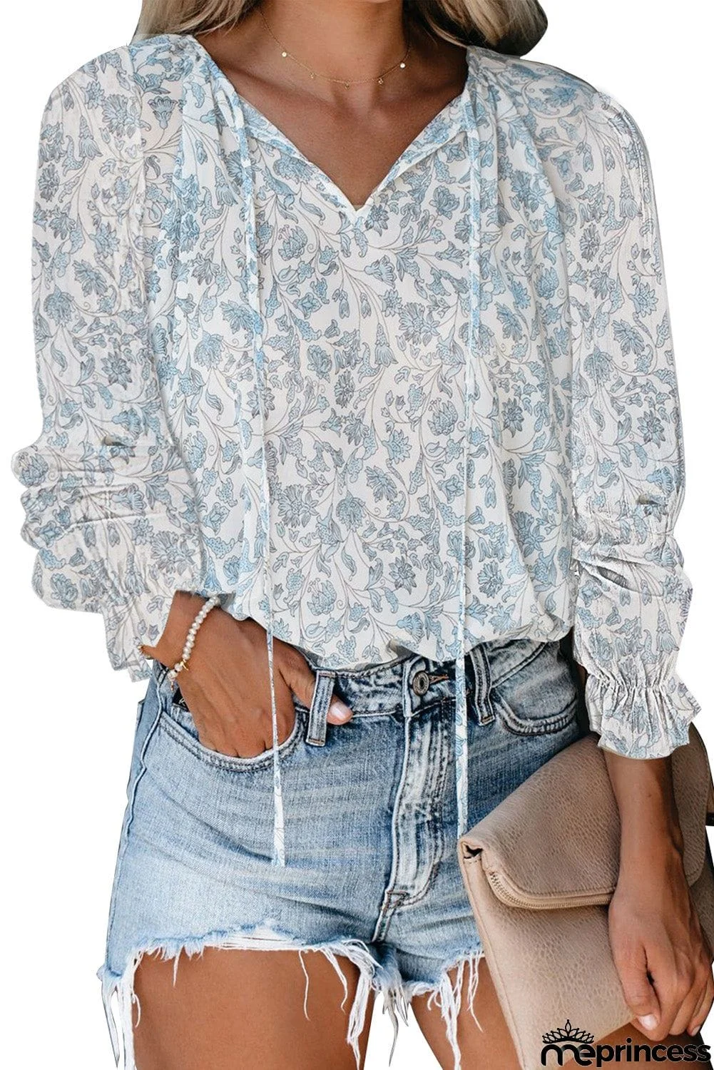 Printed Long Sleeve V-Neck Drawstring Shirt