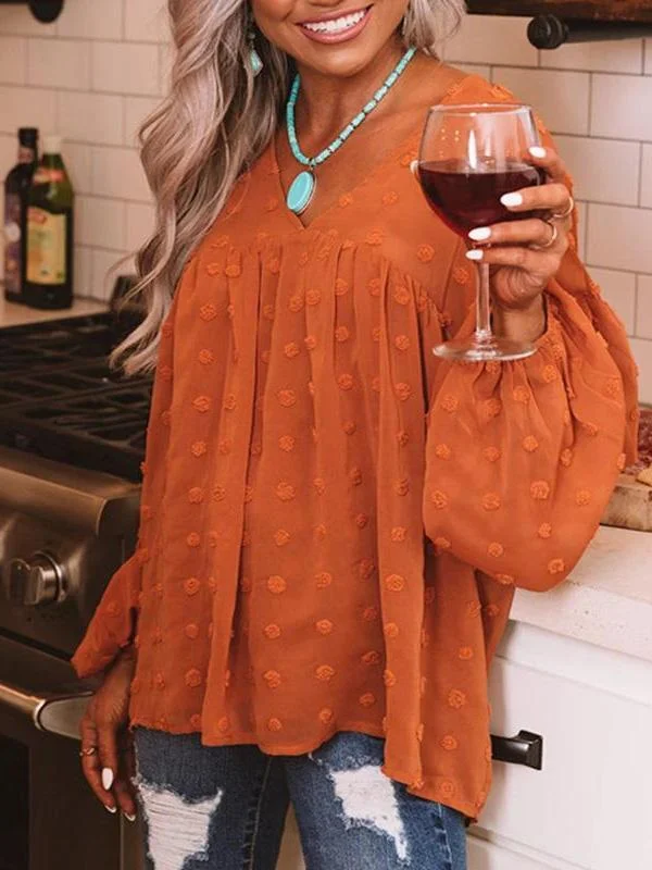 Pumpkin Color V-neck Lantern Sleeve Blouse