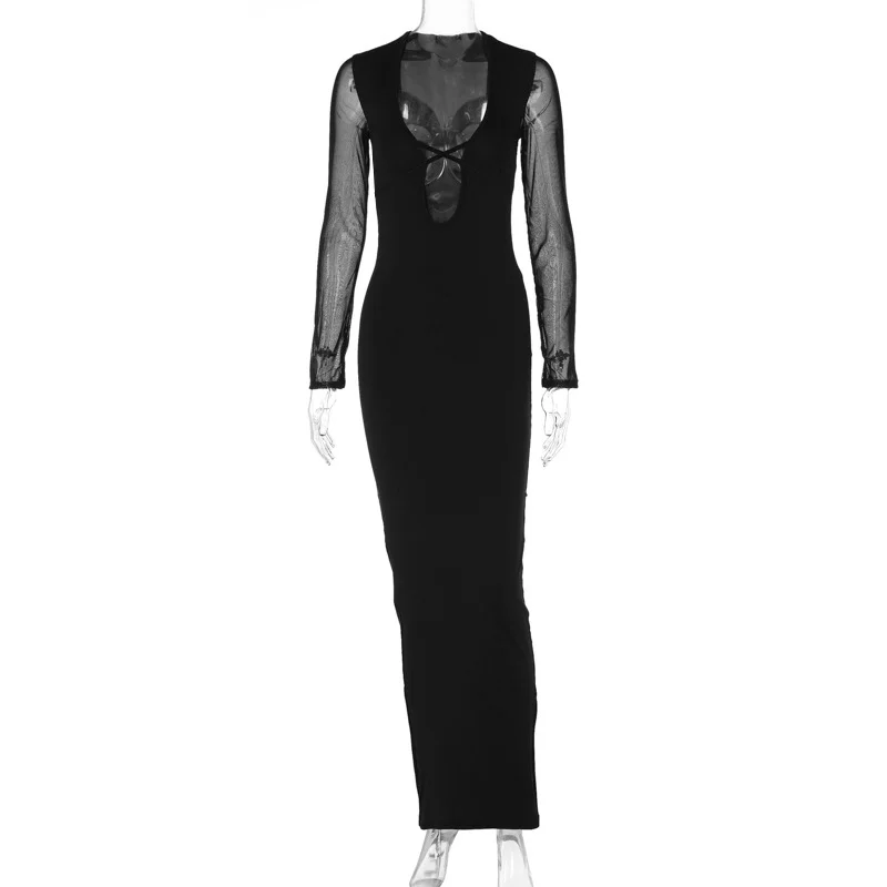 Ueong Women's Wear 2024 Autumn And Winter New Hollow-Out Mesh Long Sleeve Deep V Collar