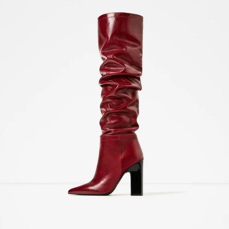 Red Slouch Boots Pointy Toe Chunky Heels Knee-high Boots Vdcoo