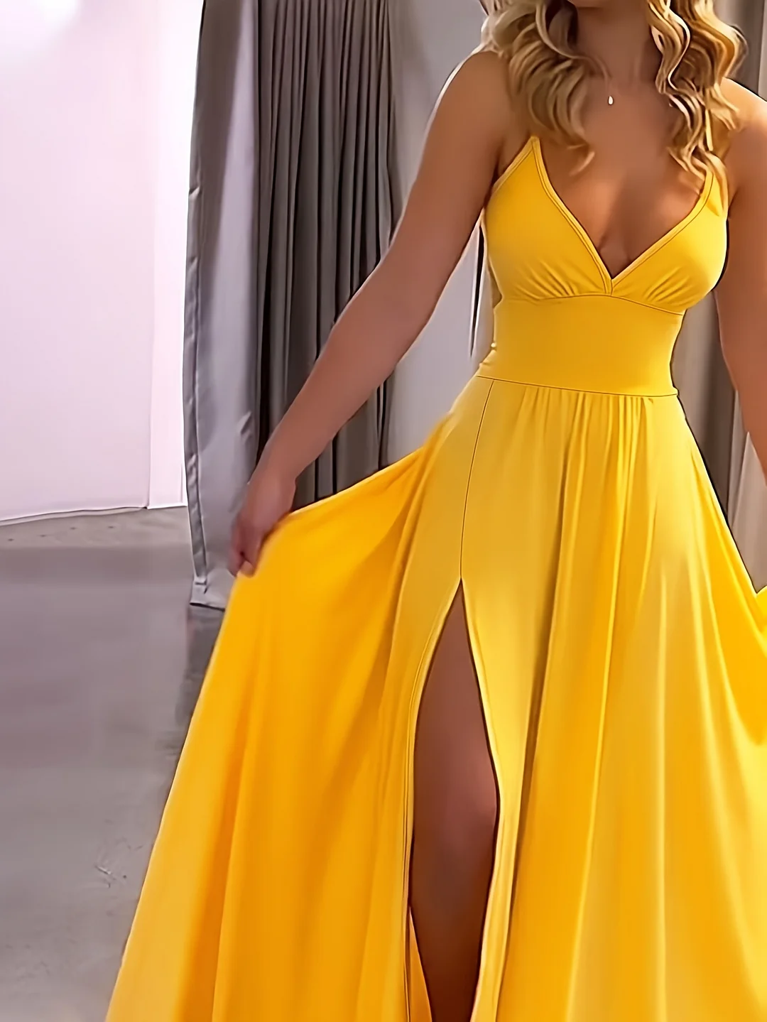 Women's Vibrant Solid Color Pendulum Cami Dress - V-Neck Lace-Up Front, Mid-Elastic Fabric, Machine Washable Casual Party Dress For All Seasons, No Sheer & Versatile For Day To Night Wear, Flowy, Loose Cami Dress, Comfortable Fit | IFYHOME