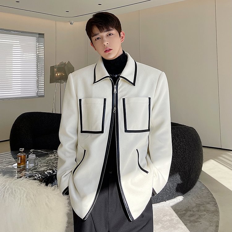 Dawfashion-Loose Thick Twill Contrast Color Matching Leather Double Zipper Thin Coat-Yamamoto Diablo Clothing