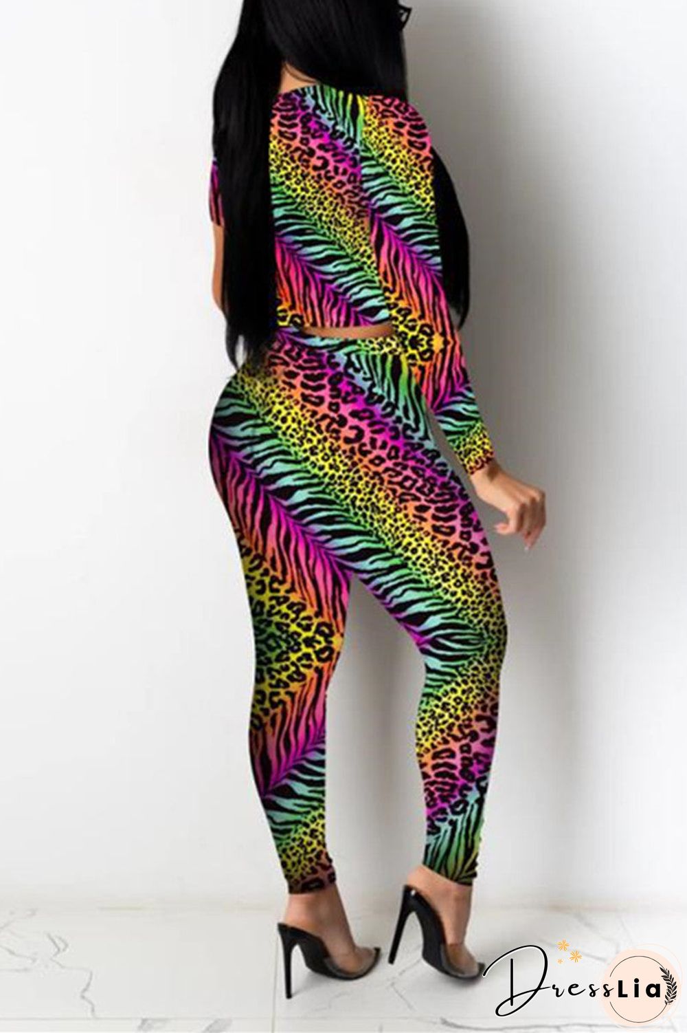 Fashion Casual Long Sleeve O Neck Regular Sleeve Short Leopard Print Two Pieces