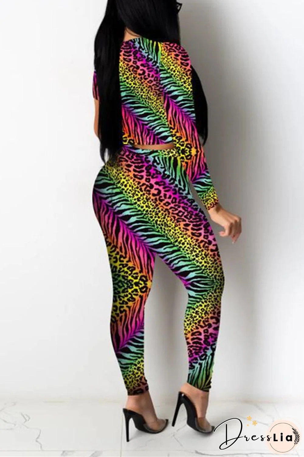 Fashion Casual Long Sleeve O Neck Regular Sleeve Short Leopard Print Two Pieces