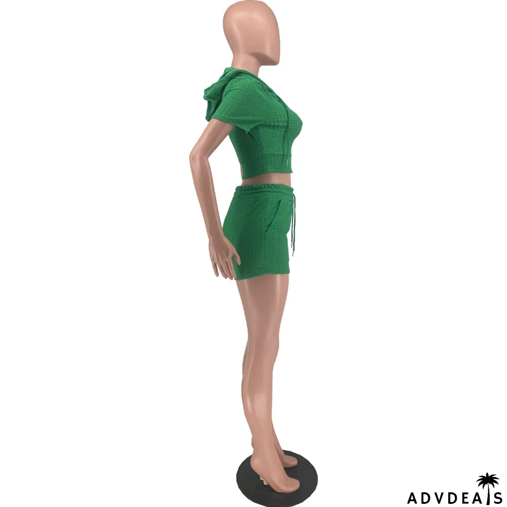 Women Clothes Summer Jacquard Solid Short Sleeve Crop Hoodie Fashion Casual Two Piece Shorts Set