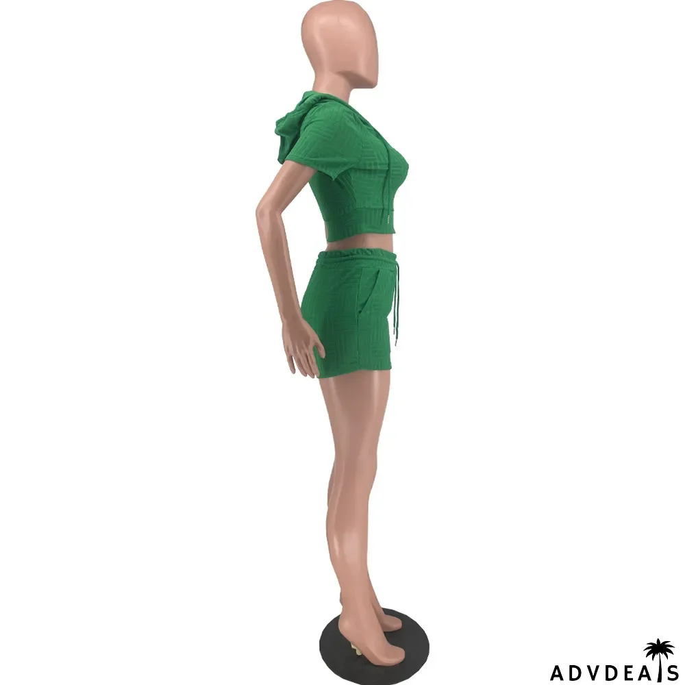 Women Clothes Summer Jacquard Solid Short Sleeve Crop Hoodie Fashion Casual Two Piece Shorts Set