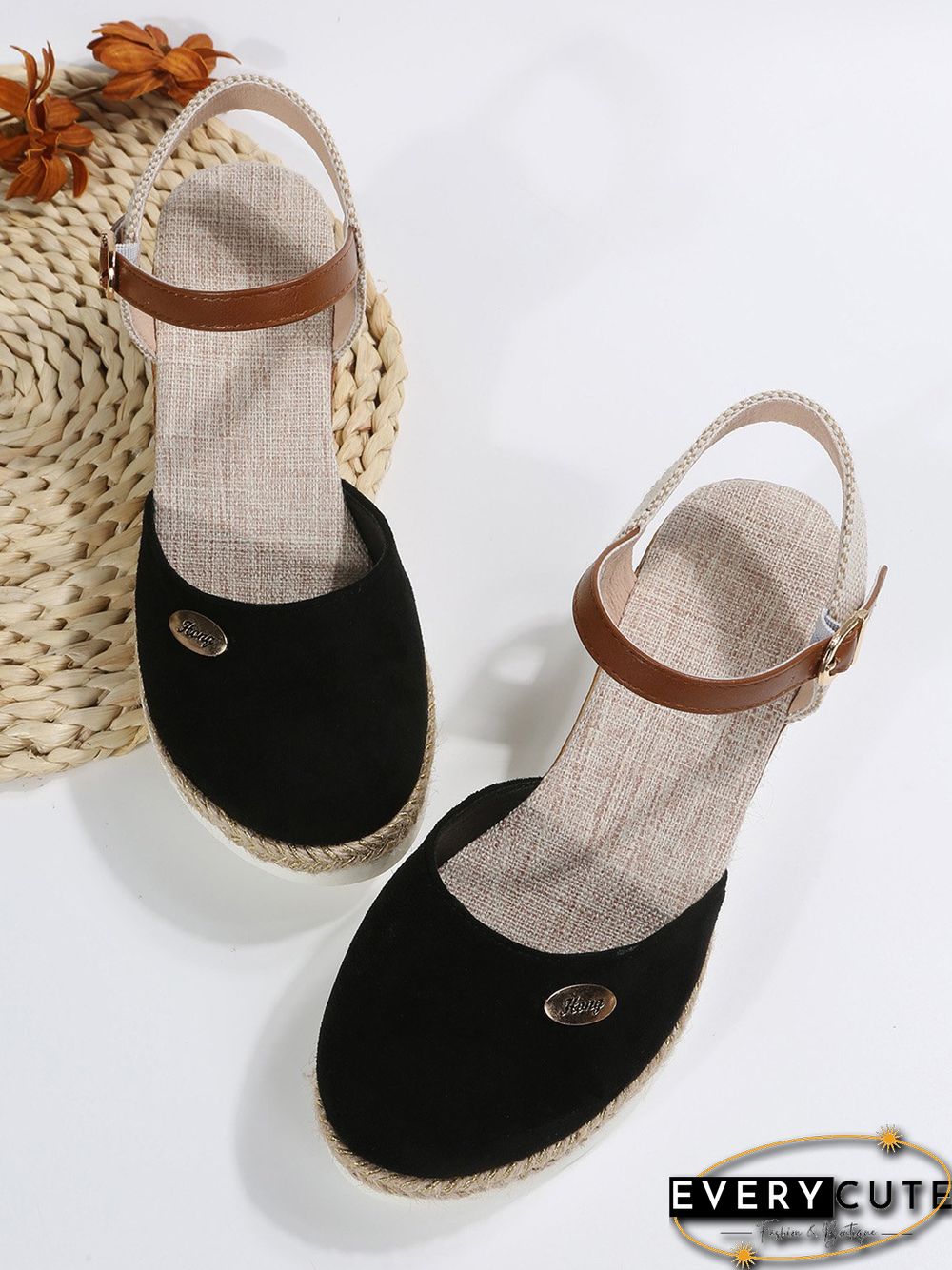 Women Color Block Summer Vacation Braided Non-Slip Block Heel Espadrille Sandals Adjustable Buckle EVA Wedges&Flatform