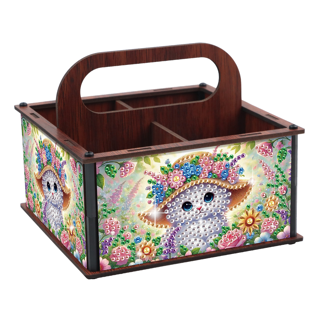 DIY Cat Wooden Diamond Painting Handheld Storage Box Kit Tabletop Art Decor
