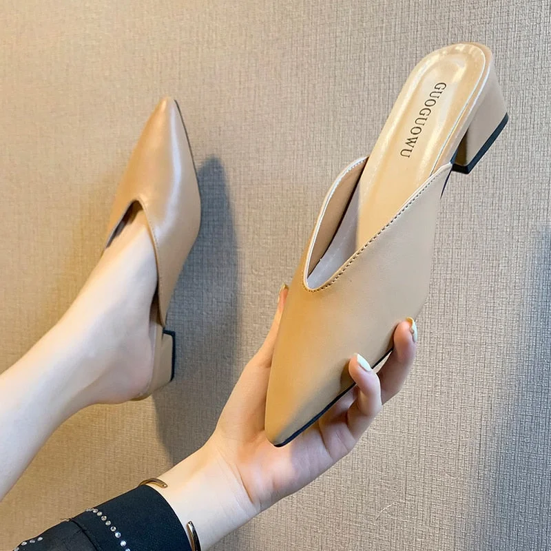  2022 Summer Fashion Women Pointed Toe Slipper Nude White Square Low Heels Outsides Ladies Slides Luxury Brand Beach Mules Shoes