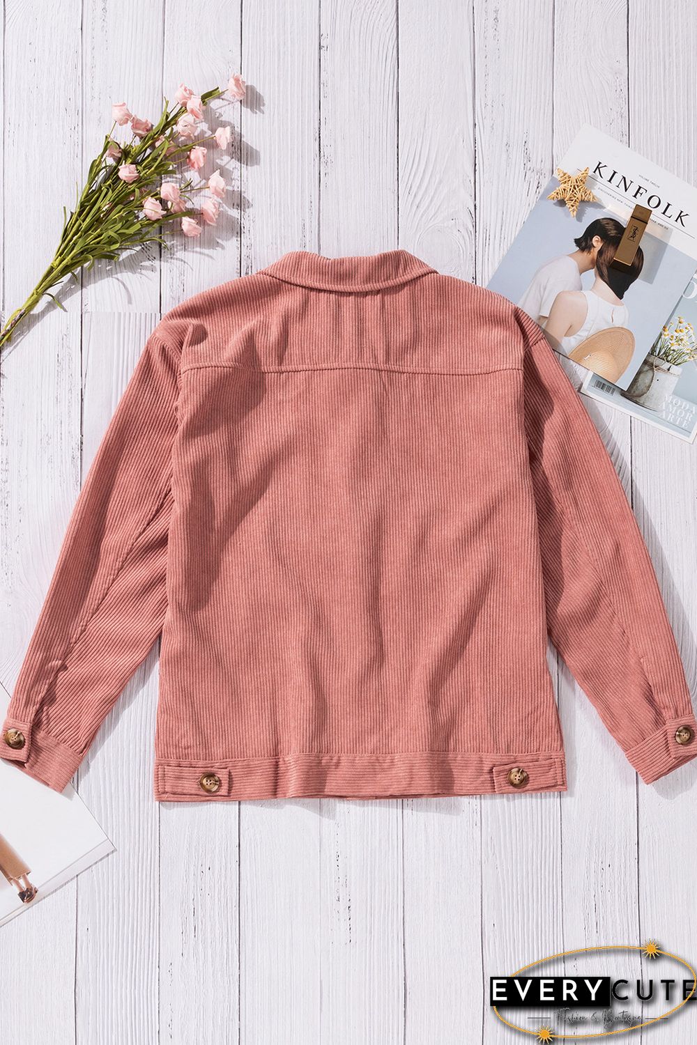 Pink Ribbed Corduroy Long Sleeve Jacket with Pocket