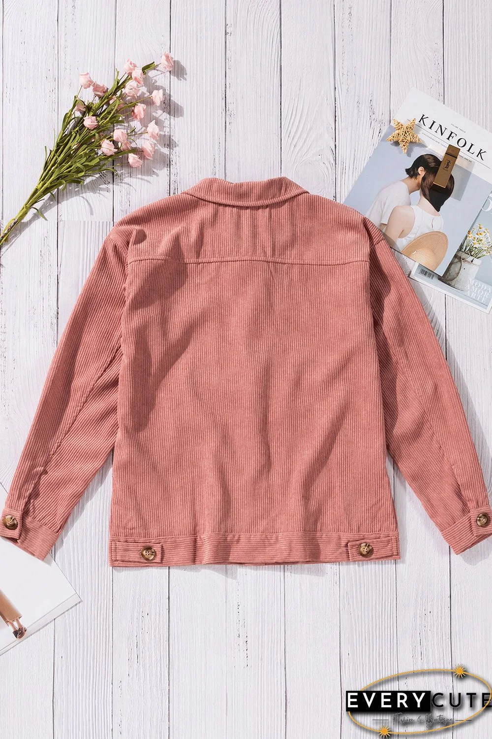 Pink Ribbed Corduroy Long Sleeve Jacket with Pocket