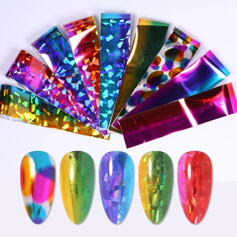 10Pcs/Set Colorful Nail Foil Stickers Mirror iridescent Effect Stickers Nail Art Transfer Foils Manicures Slider Decorations