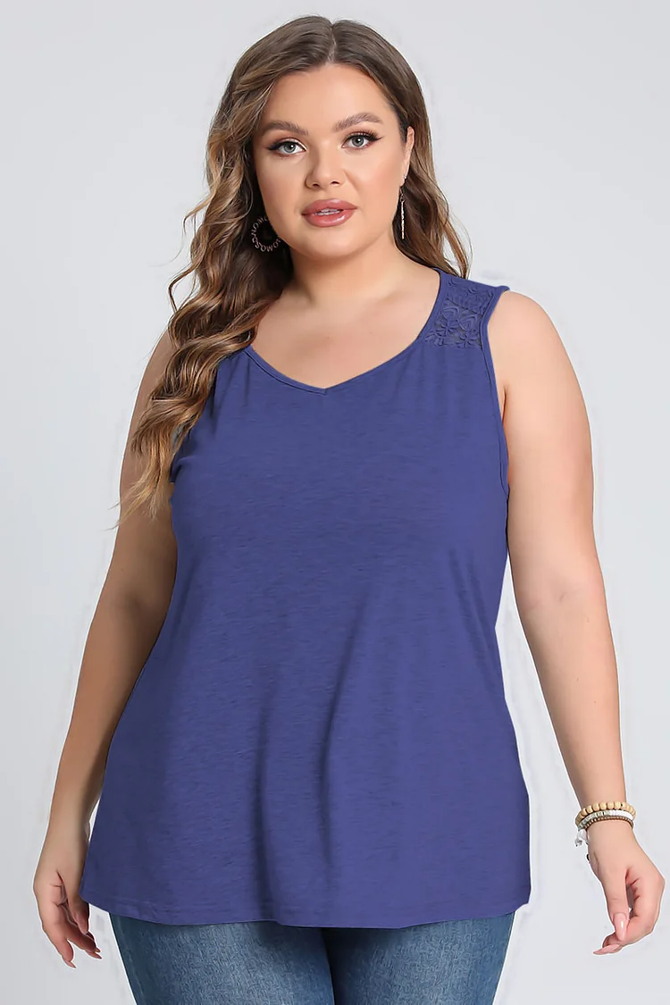 Plus Size Lace Stitching Solid Tank Top  Flycurvy [product_label]