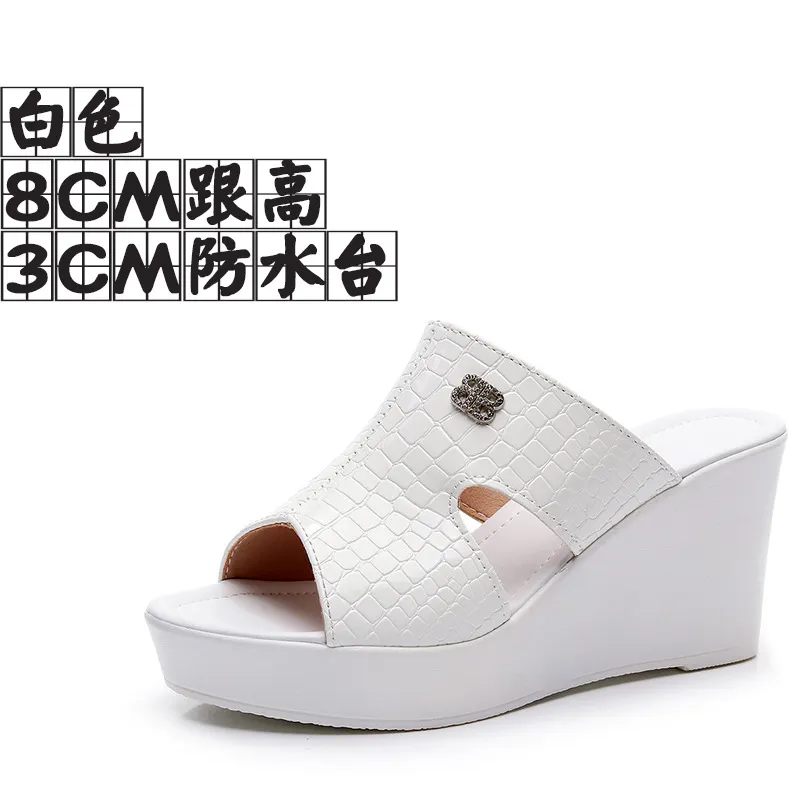 Breakj Breakj Leather Slope And Slippers Women Wearing Fashion Pine Cake Thick Bottom Fitting Room A Word Drag Anti-Slip High And Cow Skin Cold Drag