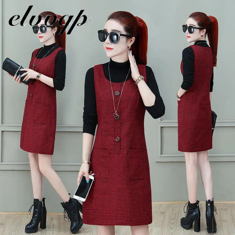 Elegant Sleeveless Woolen Blended Vest Dress High Quality Fashion Pocket New Autumn Winter Office Work Slim Plaid Midi Dresses